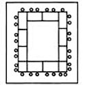 A Hollow square set up places tables in the shape of a square with open space in the middle of the square and chairs placed on all sides of the square