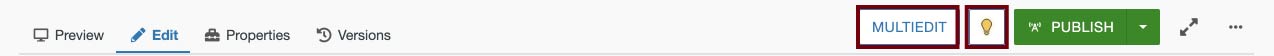 The OU Campus horizontal options menu with the Multi-Edit button and yellow icon indicating checked out icon emphasized with a garnet rectangle, followed by a green Publish button with a dropdown arrow, an expand icon, and an ellipses icon for more options. To the left are four tabs for Preview, Edit, Properties, and Versions.
