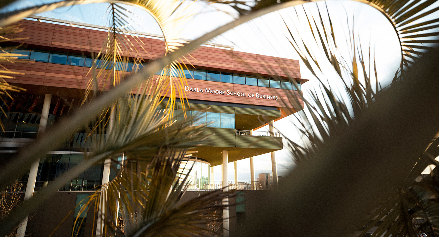 Looking through palmetto trees to the Darla Moore School of Business building. 