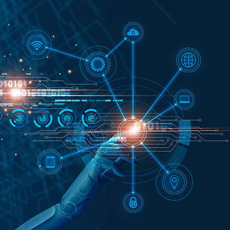 Machine learning. Hand touch a robot on network and binary data. Futuristic Artificial intelligence (AI). Deep Learning. Brain Algorithm. Business internet technology. Big data visualization.