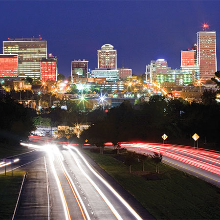 Nighttime photo of the Columbia skyline.