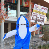 shark mascot holding sign
