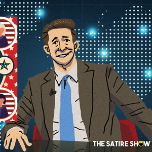 artist rendering depicting a man sitting at a talk-show desk